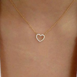 Gold Rhinestone Open Heart Pendant Necklace 20" NEW